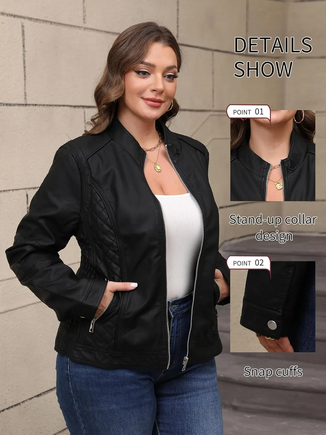 Bellivera Faux Leather Jacket Women Motorcycle Zipper Bomber PU Bike Coat with Pockets