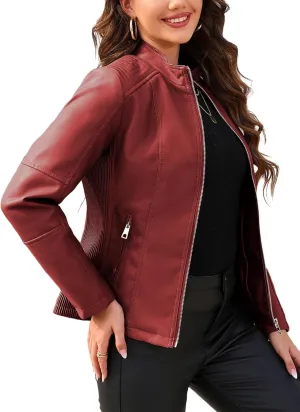 Bellivera Faux Leather Jacket Women Motorcycle Zipper Bomber PU Bike Coat with Pockets