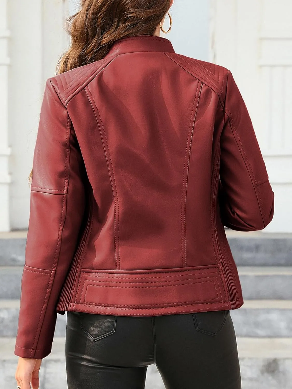 Bellivera Faux Leather Jacket Women Motorcycle Zipper Bomber PU Bike Coat with Pockets