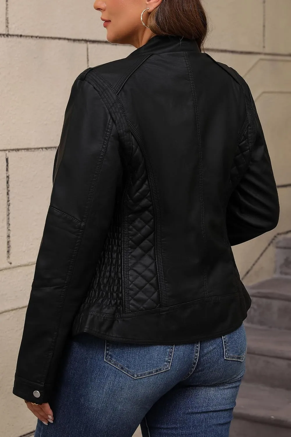 Bellivera Faux Leather Jacket Women Motorcycle Zipper Bomber PU Bike Coat with Pockets
