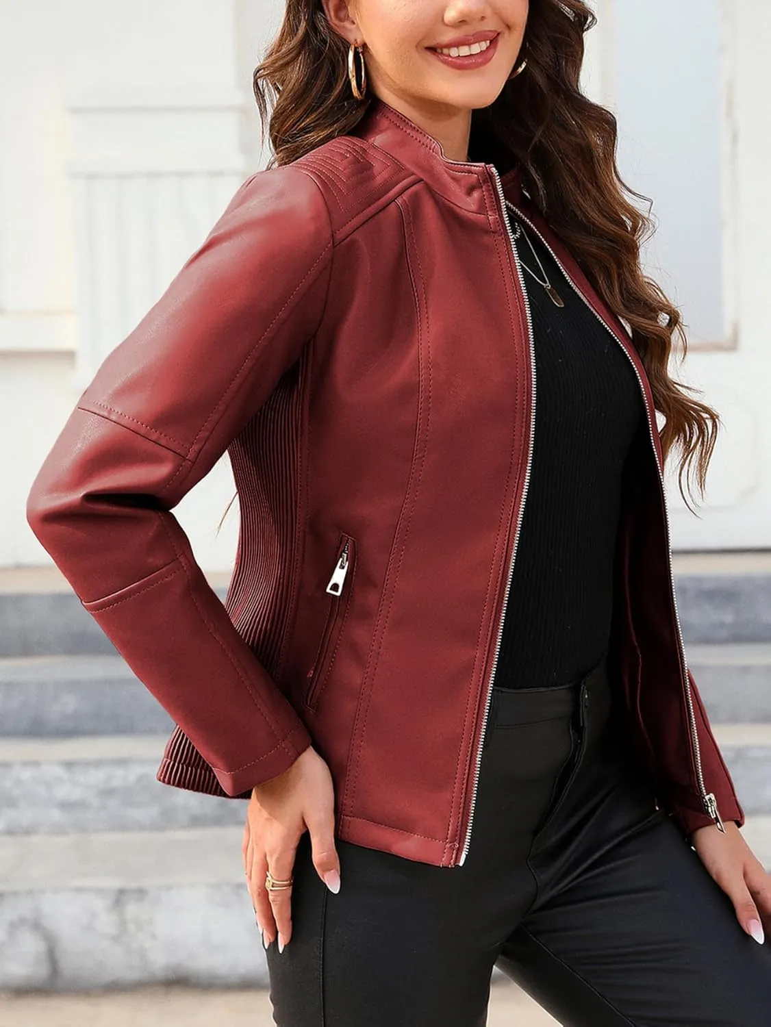 Bellivera Faux Leather Jacket Women Motorcycle Zipper Bomber PU Bike Coat with Pockets