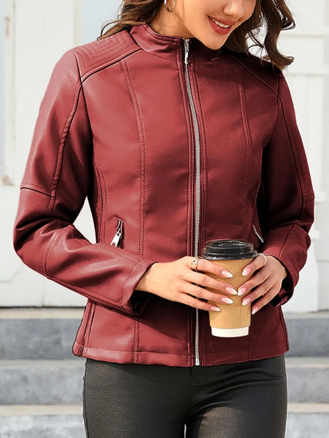 Bellivera Faux Leather Jacket Women Motorcycle Zipper Bomber PU Bike Coat with Pockets