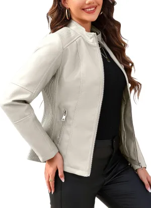 Bellivera Faux Leather Jacket Women Motorcycle Zipper Bomber PU Bike Coat with Pockets