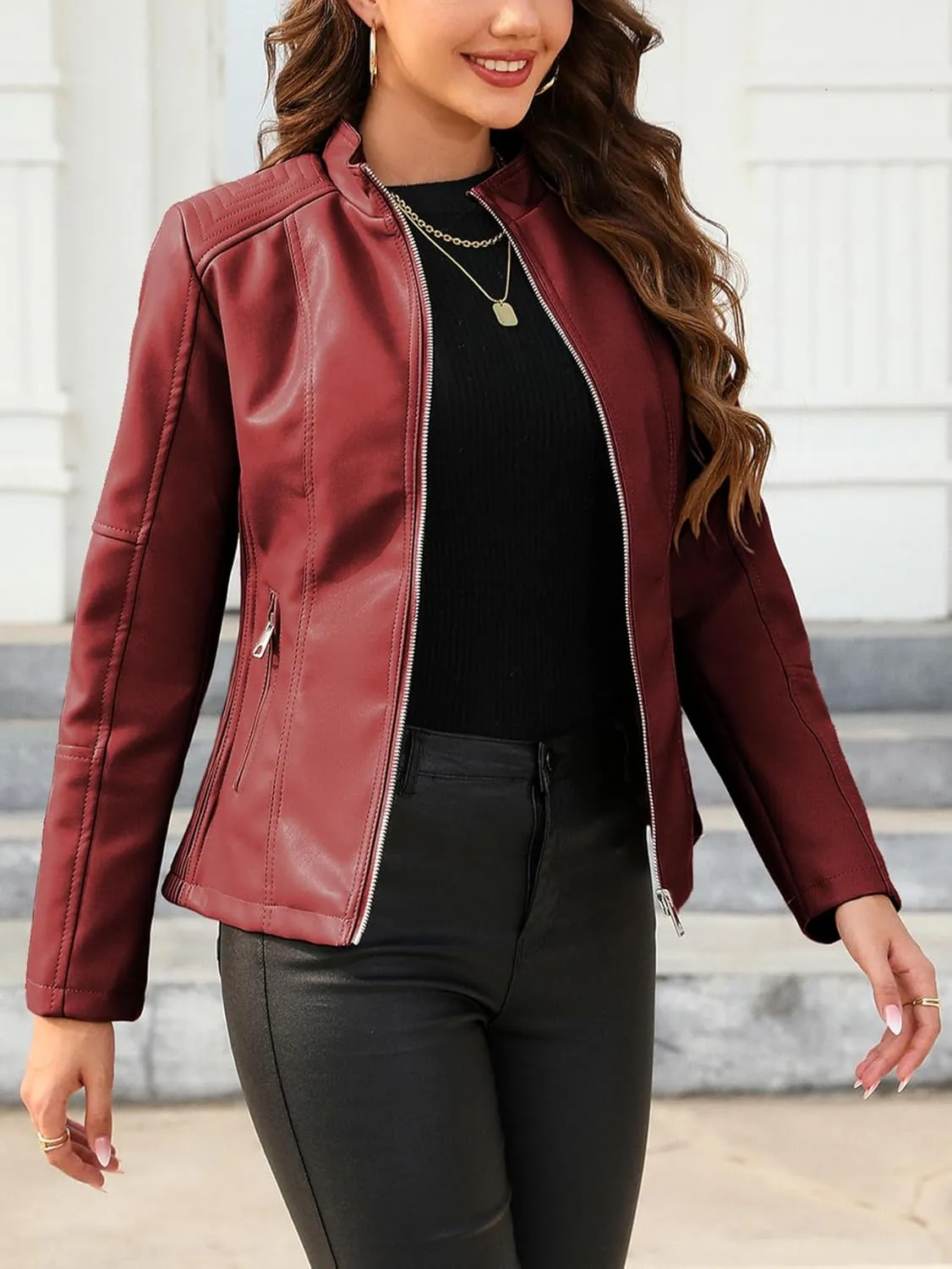 Bellivera Faux Leather Jacket Women Motorcycle Zipper Bomber PU Bike Coat with Pockets