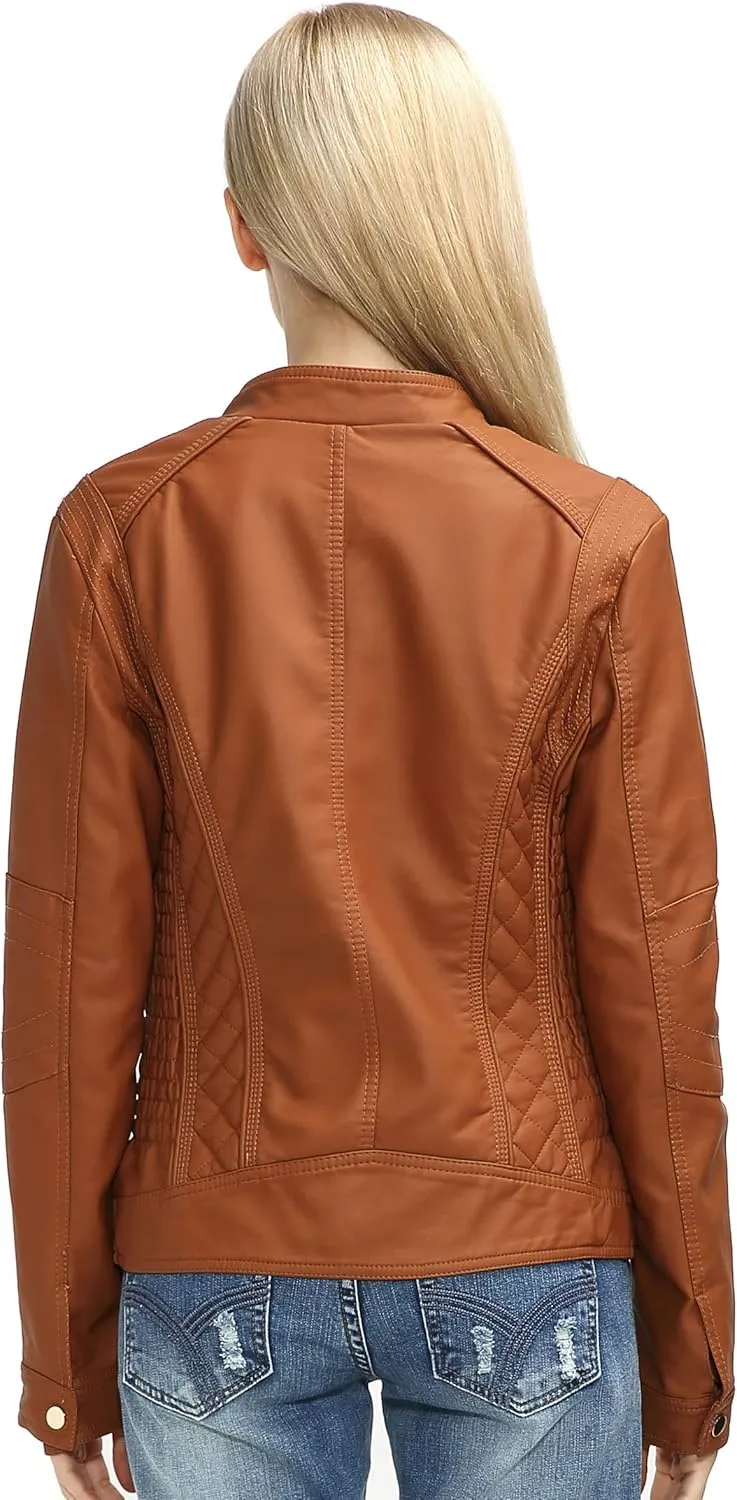 Bellivera Faux Leather Jacket Women Motorcycle Zipper Bomber PU Bike Coat with Pockets