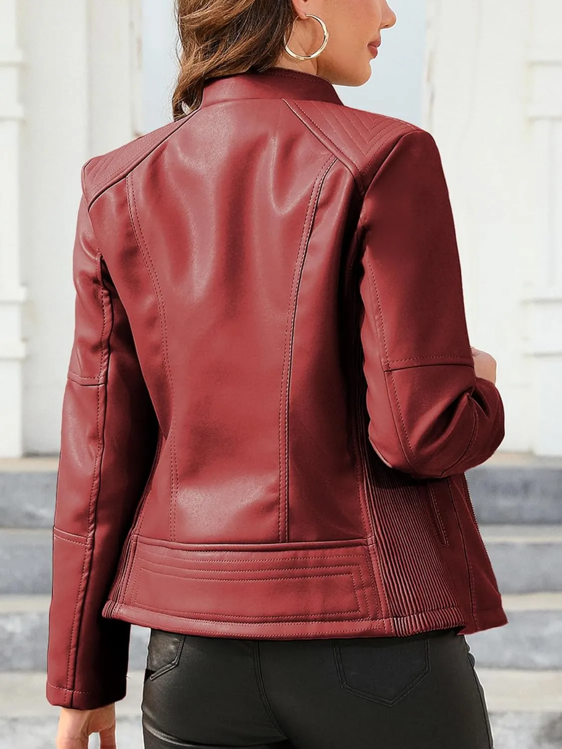 Bellivera Faux Leather Jacket Women Motorcycle Zipper Bomber PU Bike Coat with Pockets