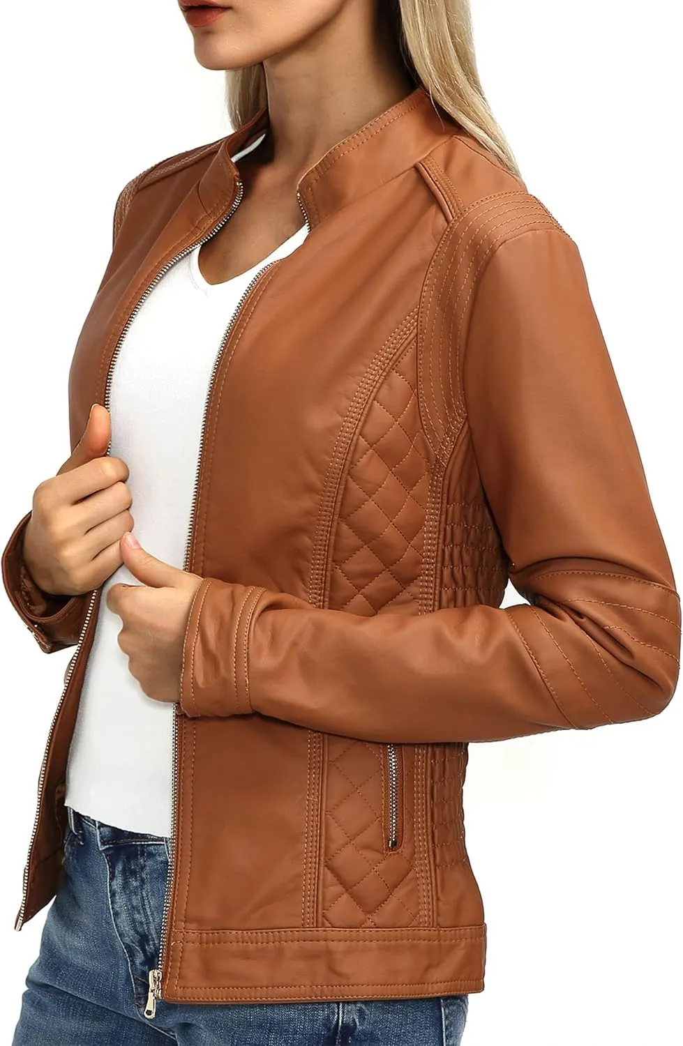 Bellivera Faux Leather Jacket Women Motorcycle Zipper Bomber PU Bike Coat with Pockets
