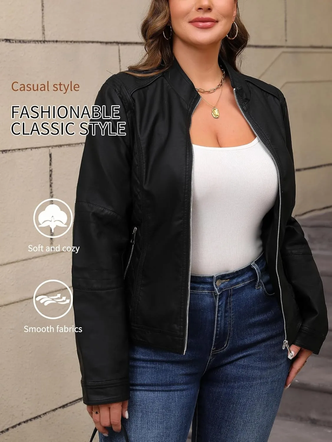 Bellivera Faux Leather Jacket Women Motorcycle Zipper Bomber PU Bike Coat with Pockets