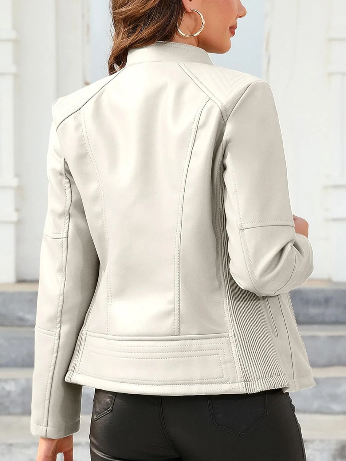 Bellivera Faux Leather Jacket Women Motorcycle Zipper Bomber PU Bike Coat with Pockets
