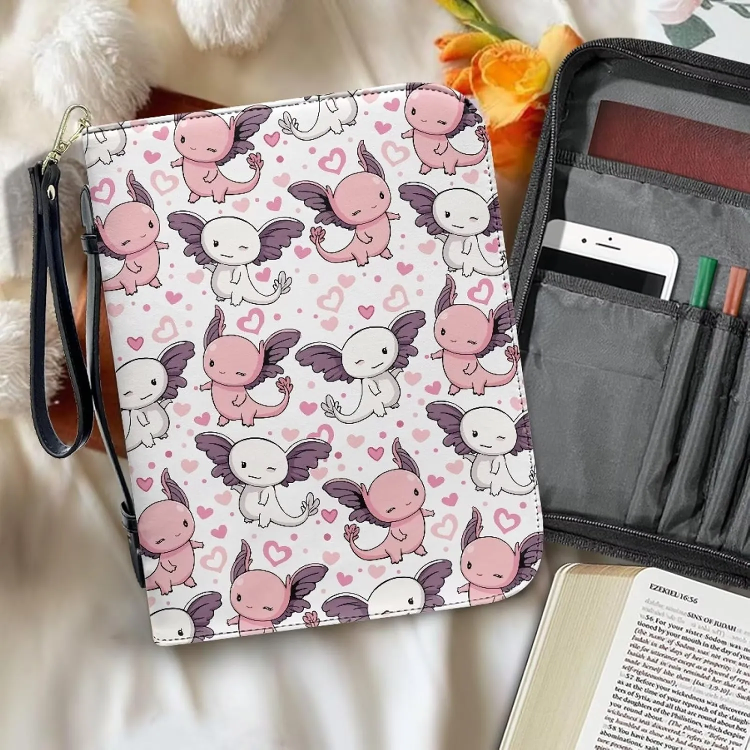 Bible Cover Case for Women Print Pattern Bible Cover Bag with Handle and Ribbon Fit for Standard & Large Size