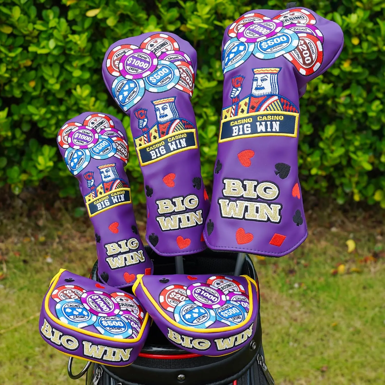 BIG TEETH Golf Club Head Covers, Driver Fairway Utility, Purple, Faux Leather, Golf