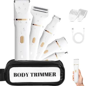 Bikini Trimmer for Women, Electric Shaver for Pubic Hair, 5-in-1 Rechargeable Waterproof Razor with Travel Pouch, Painless Body Shaver for Sensitive Skin Bikini Area Underarm Leg Face, White