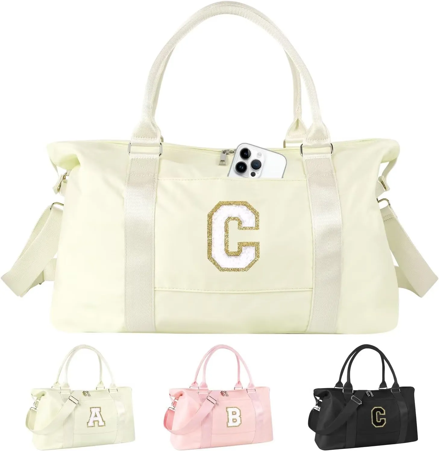 Birthday Gifts for Daughter,Initial Travel Duffel Bag for Teen Girls,Personalized Weekender Bag Cute Overnight Carry on Duffle Bags for Girl Women Gifts with Adjustable Strap(beige-C)