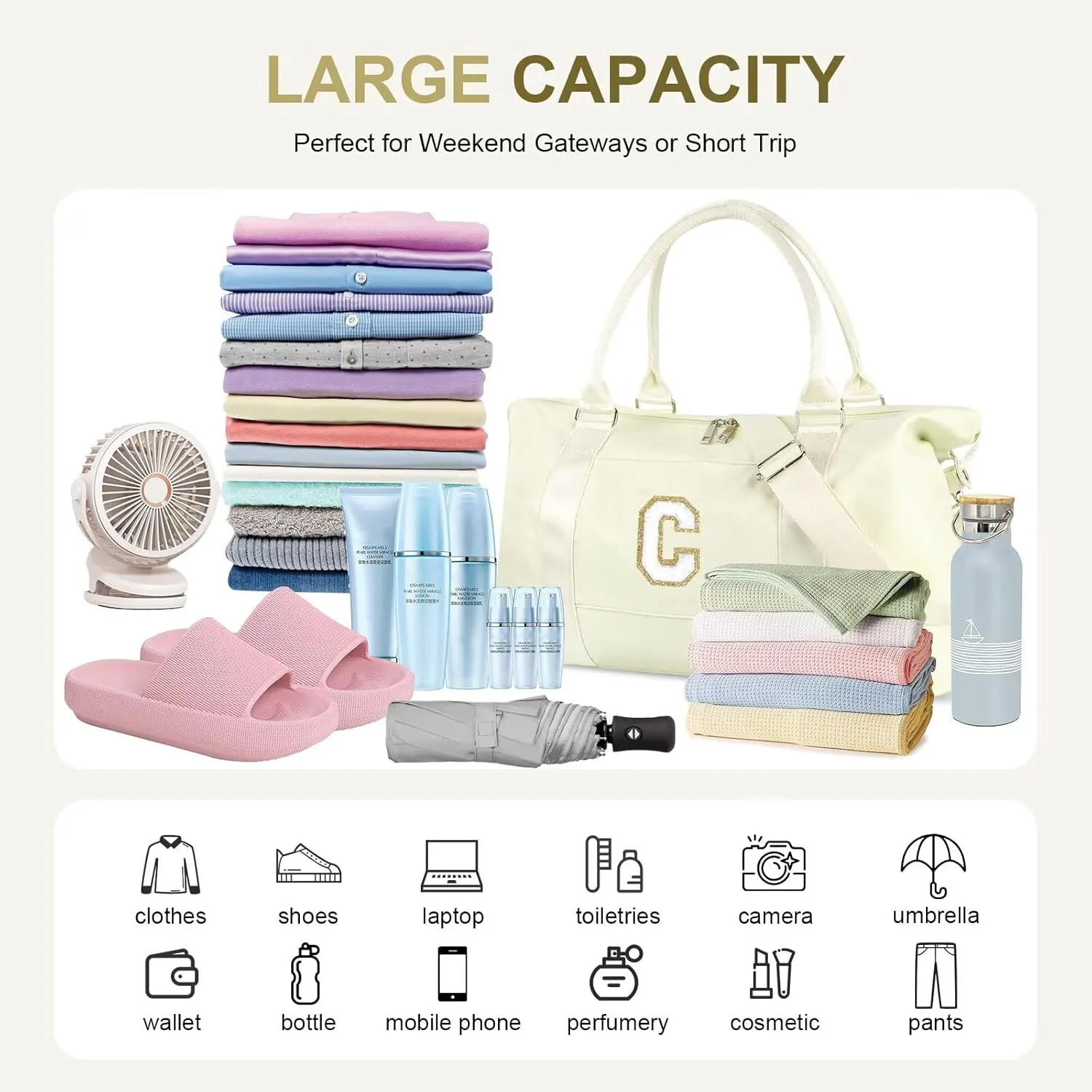 Birthday Gifts for Daughter,Initial Travel Duffel Bag for Teen Girls,Personalized Weekender Bag Cute Overnight Carry on Duffle Bags for Girl Women Gifts with Adjustable Strap(beige-C)