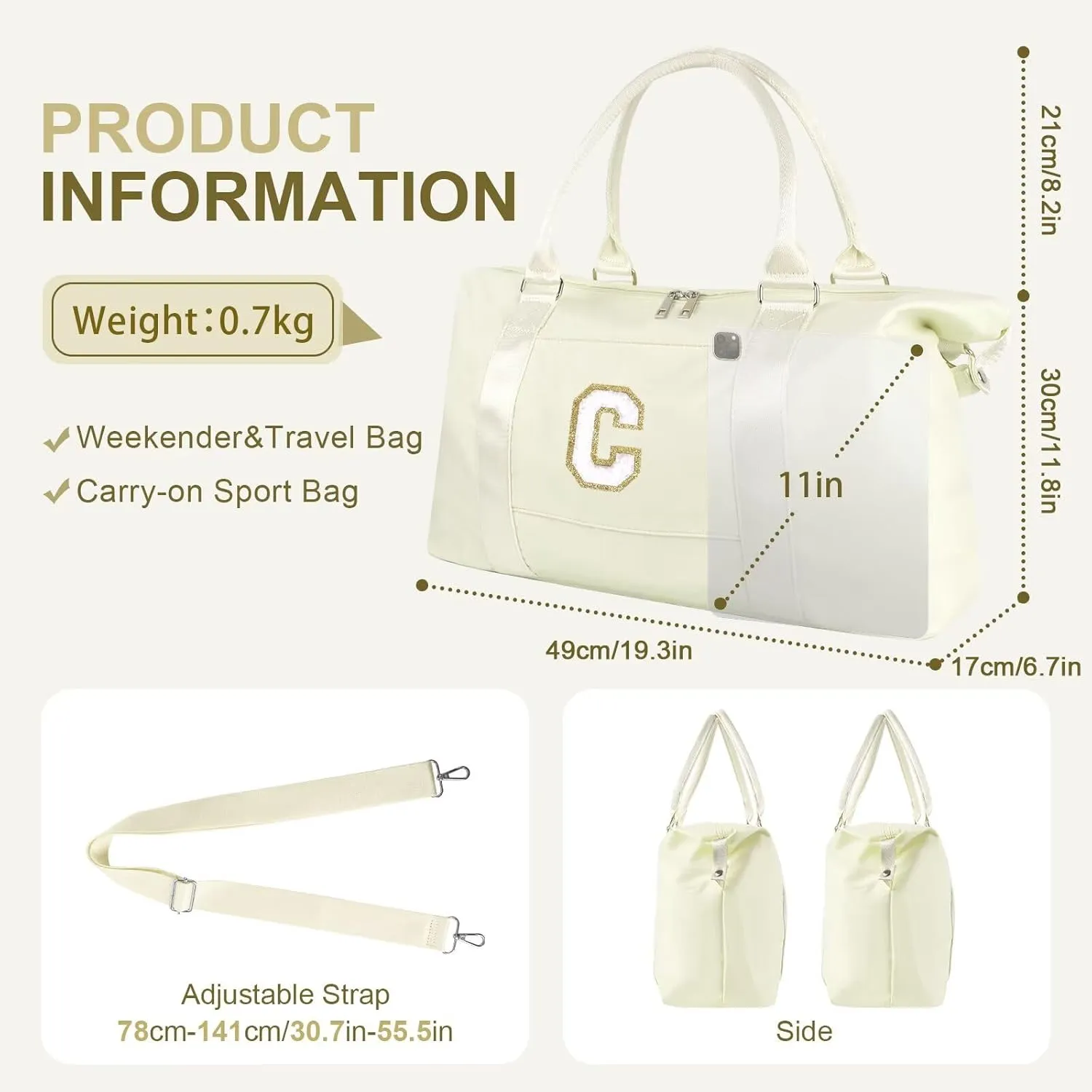 Birthday Gifts for Daughter,Initial Travel Duffel Bag for Teen Girls,Personalized Weekender Bag Cute Overnight Carry on Duffle Bags for Girl Women Gifts with Adjustable Strap(beige-C)