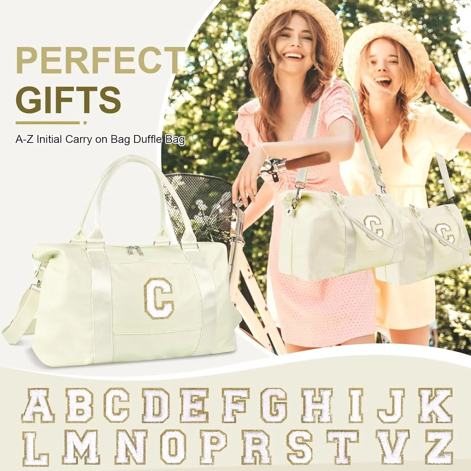 Birthday Gifts for Daughter,Initial Travel Duffel Bag for Teen Girls,Personalized Weekender Bag Cute Overnight Carry on Duffle Bags for Girl Women Gifts with Adjustable Strap(beige-C)