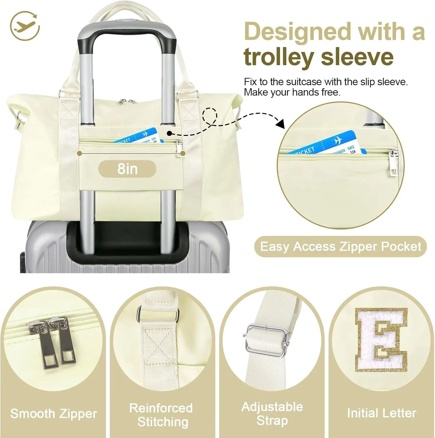 Birthday Gifts for Daughter,Initial Travel Duffel Bag for Teen Girls,Personalized Weekender Bag Cute Overnight Carry on Duffle Bags for Girl Women Gifts with Adjustable Strap(beige-E)