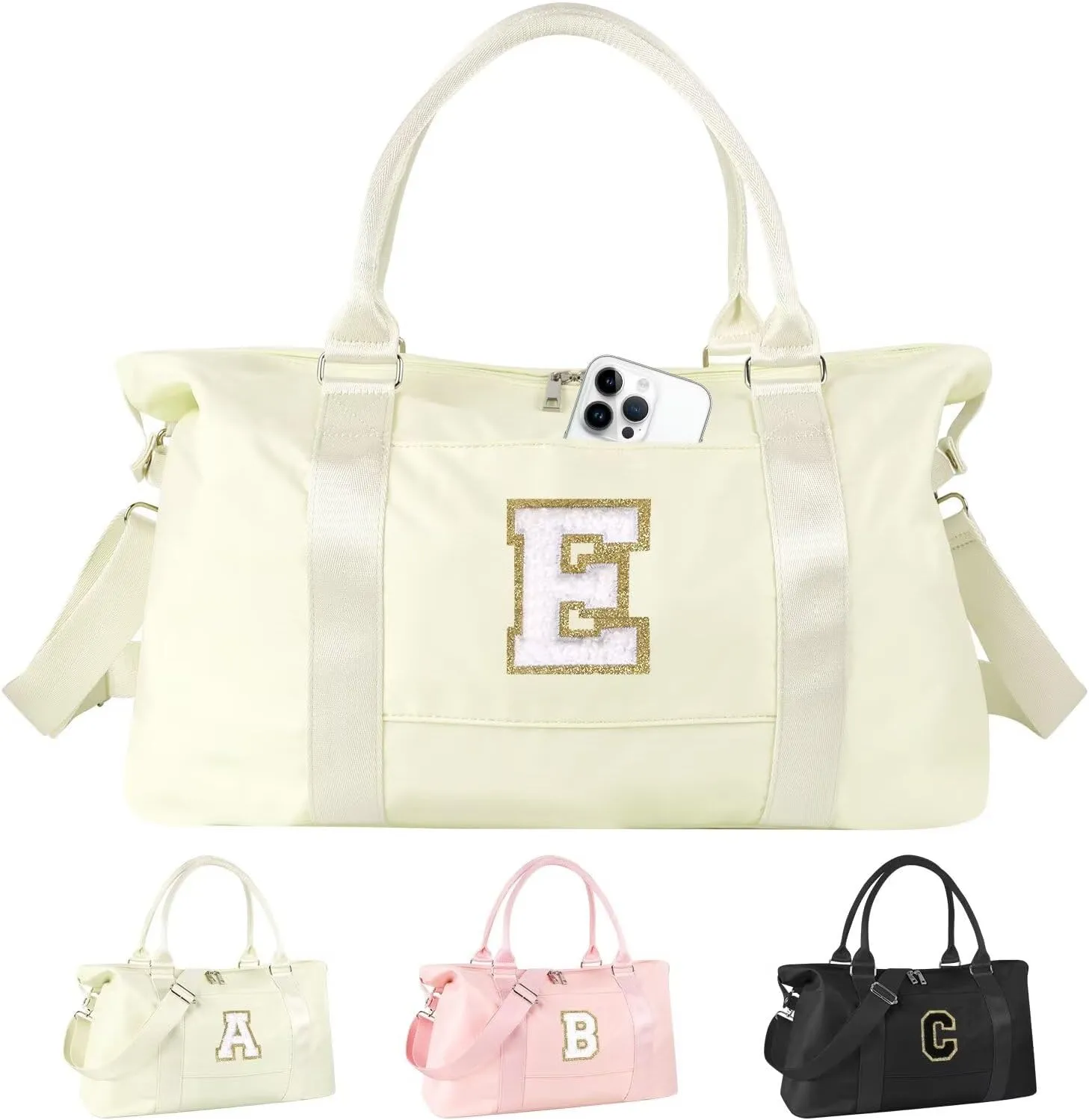 Birthday Gifts for Daughter,Initial Travel Duffel Bag for Teen Girls,Personalized Weekender Bag Cute Overnight Carry on Duffle Bags for Girl Women Gifts with Adjustable Strap(beige-E)