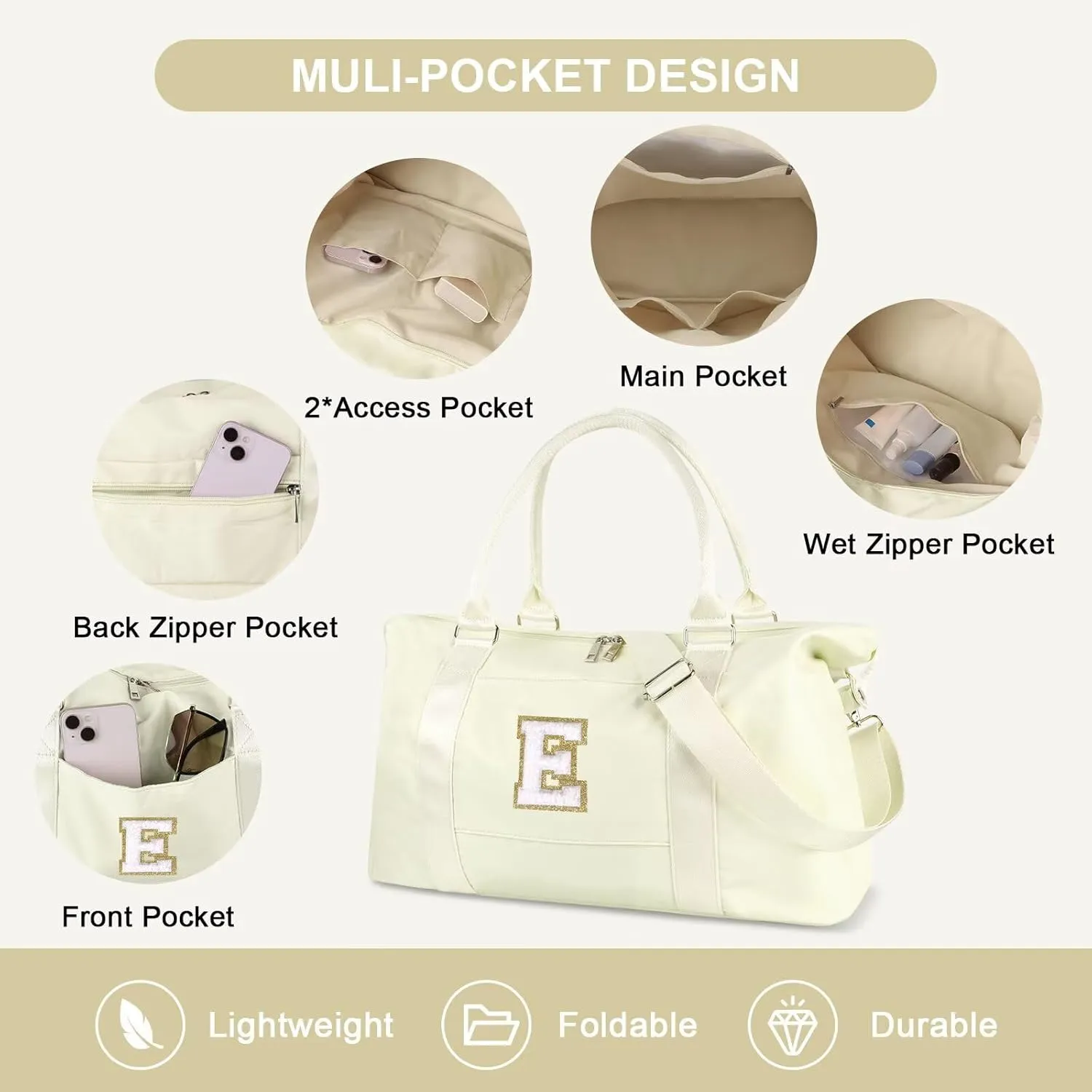 Birthday Gifts for Daughter,Initial Travel Duffel Bag for Teen Girls,Personalized Weekender Bag Cute Overnight Carry on Duffle Bags for Girl Women Gifts with Adjustable Strap(beige-E)