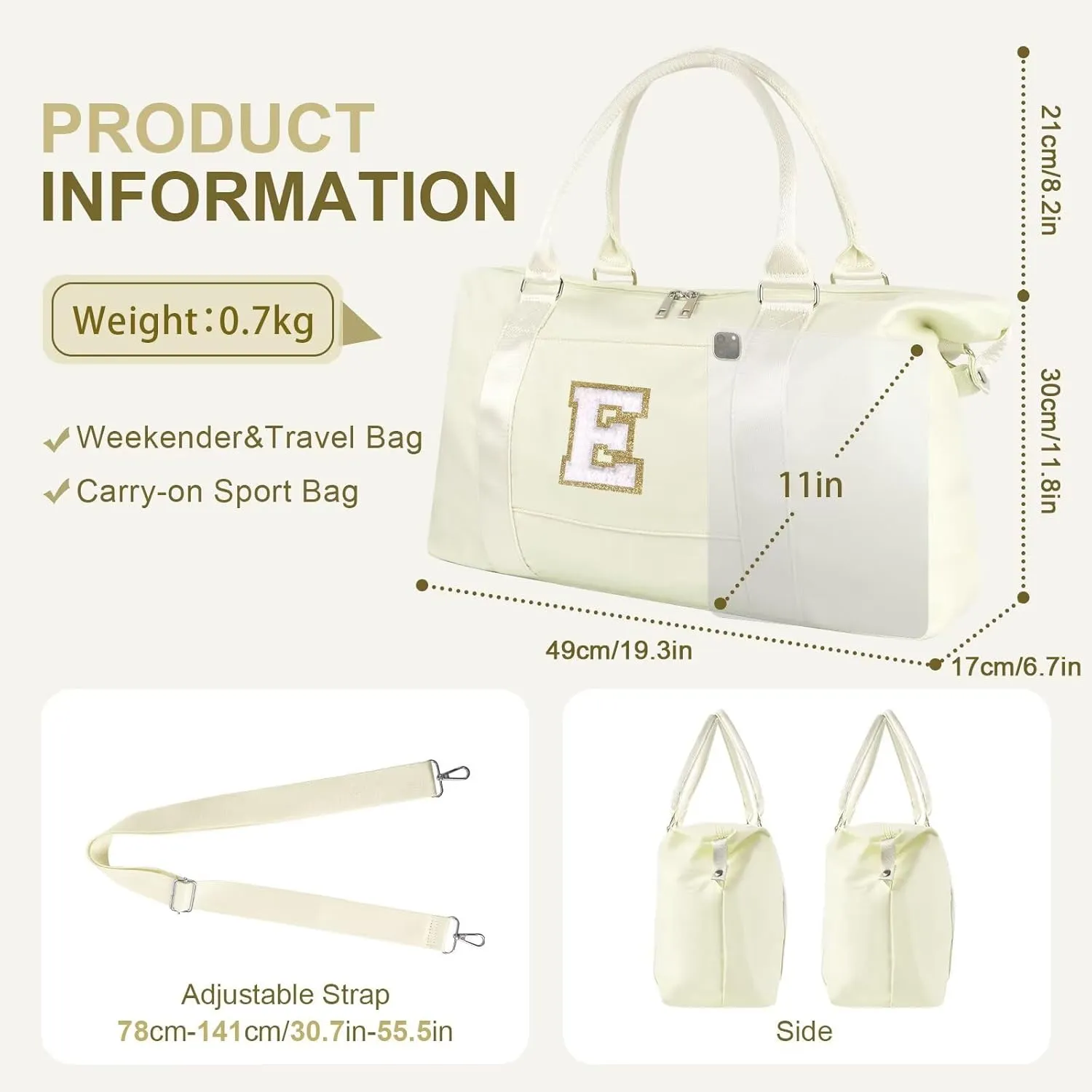 Birthday Gifts for Daughter,Initial Travel Duffel Bag for Teen Girls,Personalized Weekender Bag Cute Overnight Carry on Duffle Bags for Girl Women Gifts with Adjustable Strap(beige-E)