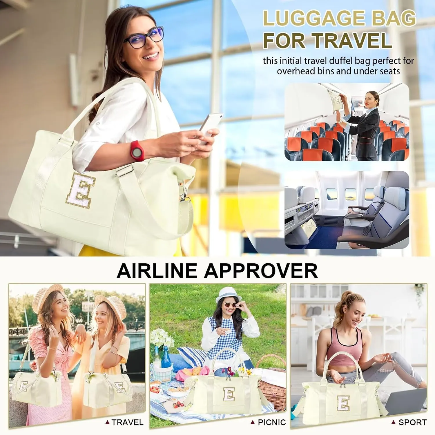 Birthday Gifts for Daughter,Initial Travel Duffel Bag for Teen Girls,Personalized Weekender Bag Cute Overnight Carry on Duffle Bags for Girl Women Gifts with Adjustable Strap(beige-E)