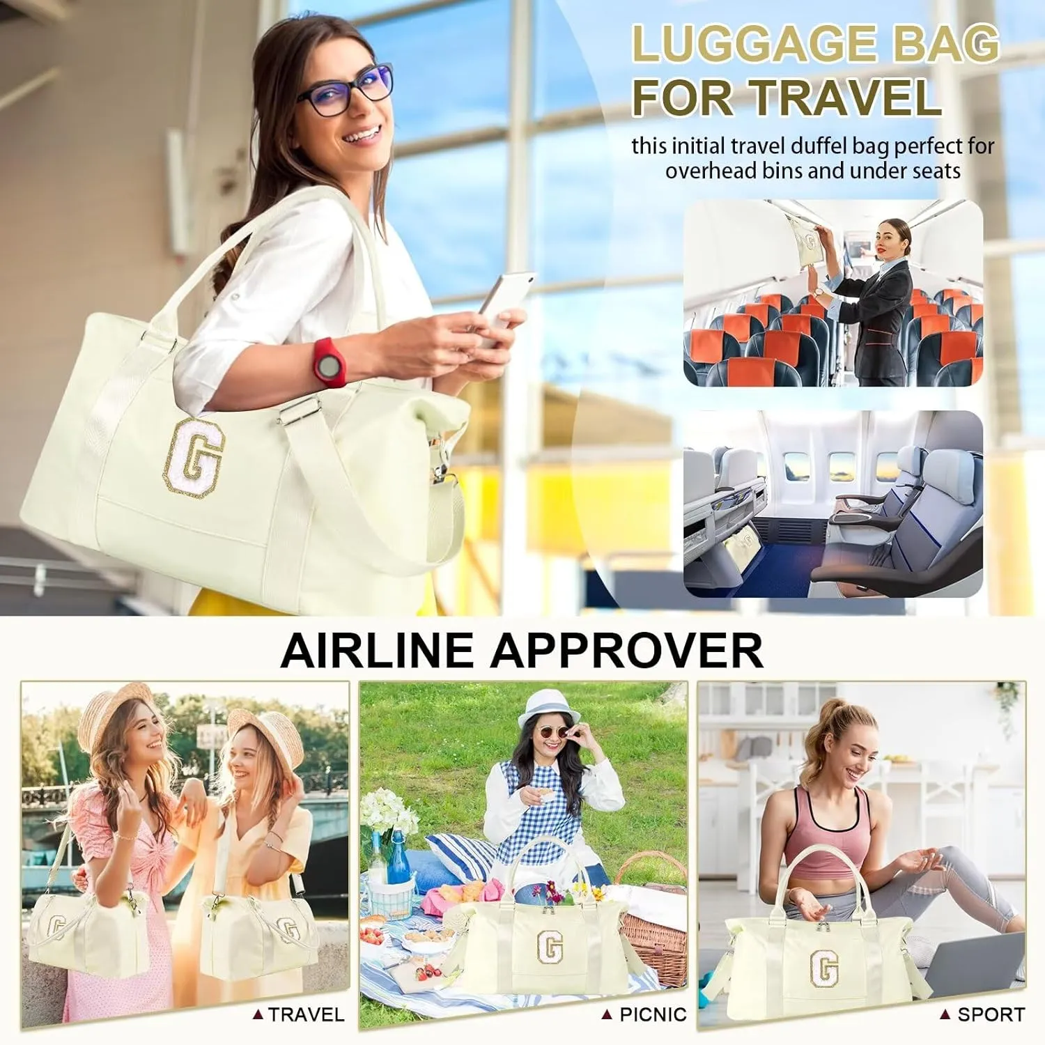 Birthday Gifts for Daughter,Initial Travel Duffel Bag for Teen Girls,Personalized Weekender Bag Cute Overnight Carry on Duffle Bags for Girl Women Gifts with Adjustable Strap(beige-G)