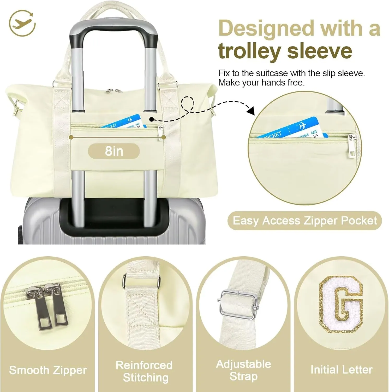 Birthday Gifts for Daughter,Initial Travel Duffel Bag for Teen Girls,Personalized Weekender Bag Cute Overnight Carry on Duffle Bags for Girl Women Gifts with Adjustable Strap(beige-G)