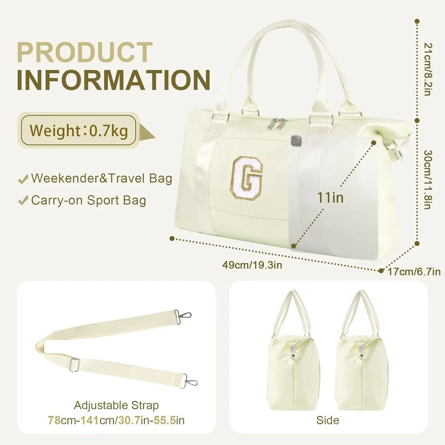 Birthday Gifts for Daughter,Initial Travel Duffel Bag for Teen Girls,Personalized Weekender Bag Cute Overnight Carry on Duffle Bags for Girl Women Gifts with Adjustable Strap(beige-G)