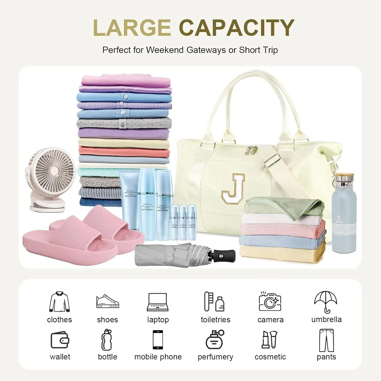 Birthday Gifts for Daughter,Initial Travel Duffel Bag for Teen Girls,Personalized Weekender Bag Cute Overnight Carry on Duffle Bags for Girl Women Gifts with Adjustable Strap(beige-J)
