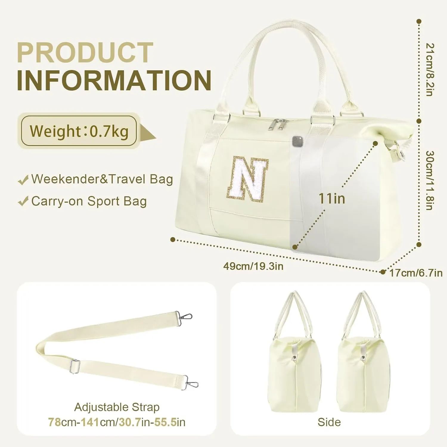 Birthday Gifts for Daughter,Initial Travel Duffel Bag for Teen Girls,Personalized Weekender Bag Cute Overnight Carry on Duffle Bags for Girl Women Gifts with Adjustable Strap(beige-N)