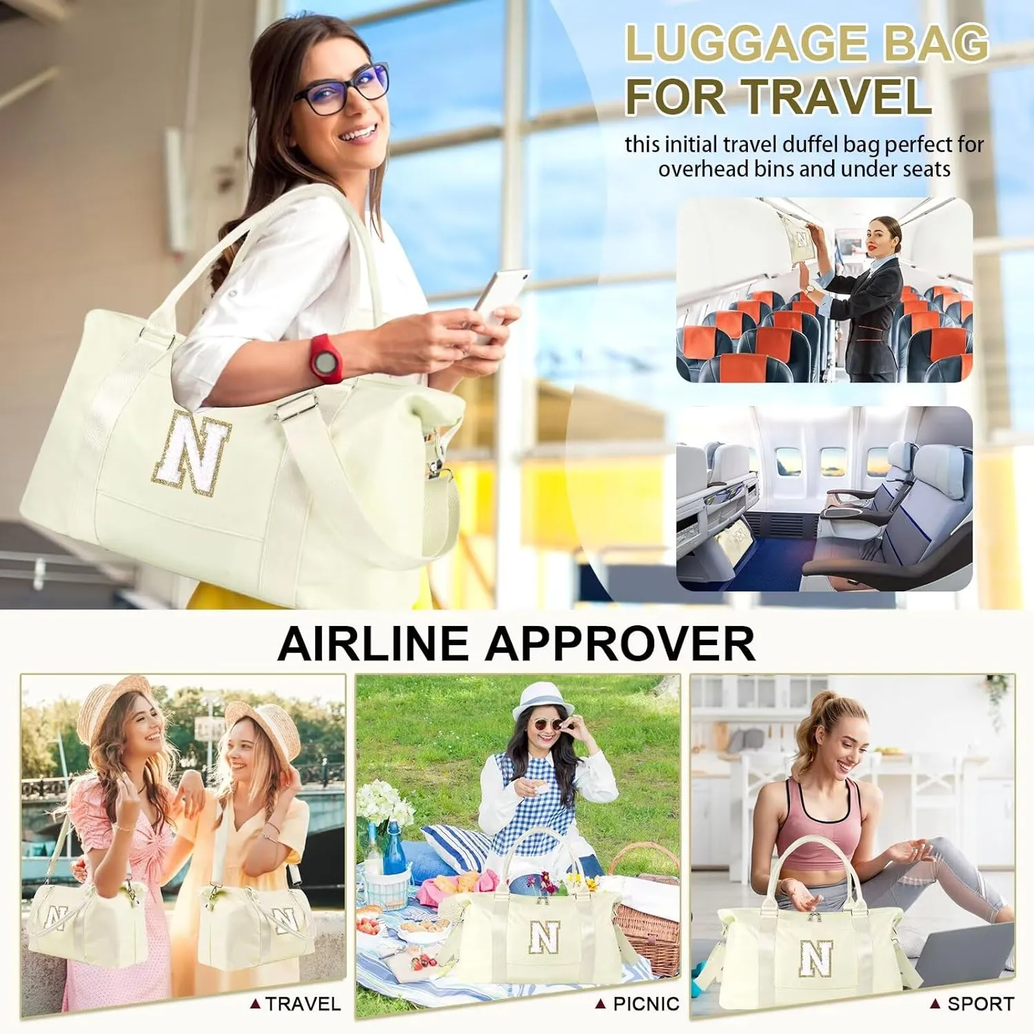 Birthday Gifts for Daughter,Initial Travel Duffel Bag for Teen Girls,Personalized Weekender Bag Cute Overnight Carry on Duffle Bags for Girl Women Gifts with Adjustable Strap(beige-N)