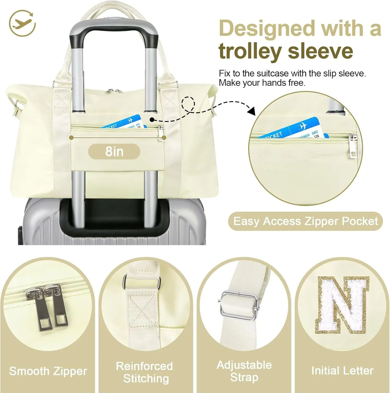 Birthday Gifts for Daughter,Initial Travel Duffel Bag for Teen Girls,Personalized Weekender Bag Cute Overnight Carry on Duffle Bags for Girl Women Gifts with Adjustable Strap(beige-N)