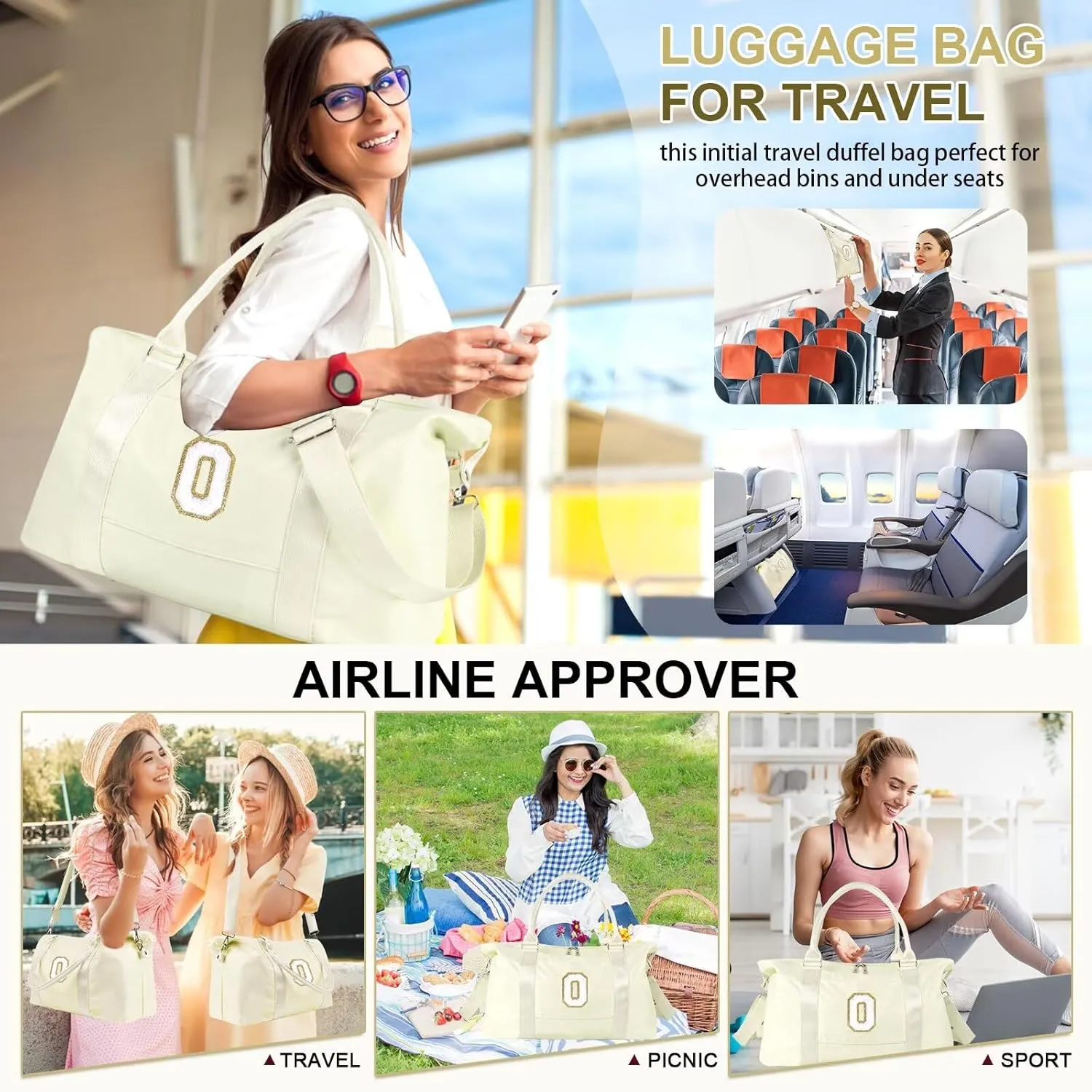 Birthday Gifts for Daughter,Initial Travel Duffel Bag for Teen Girls,Personalized Weekender Bag Cute Overnight Carry on Duffle Bags for Girl Women Gifts with Adjustable Strap(beige-O)