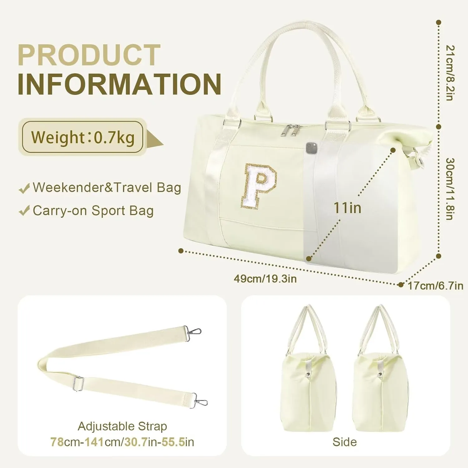 Birthday Gifts for Daughter,Initial Travel Duffel Bag for Teen Girls,Personalized Weekender Bag Cute Overnight Carry on Duffle Bags for Girl Women Gifts with Adjustable Strap(beige-P)
