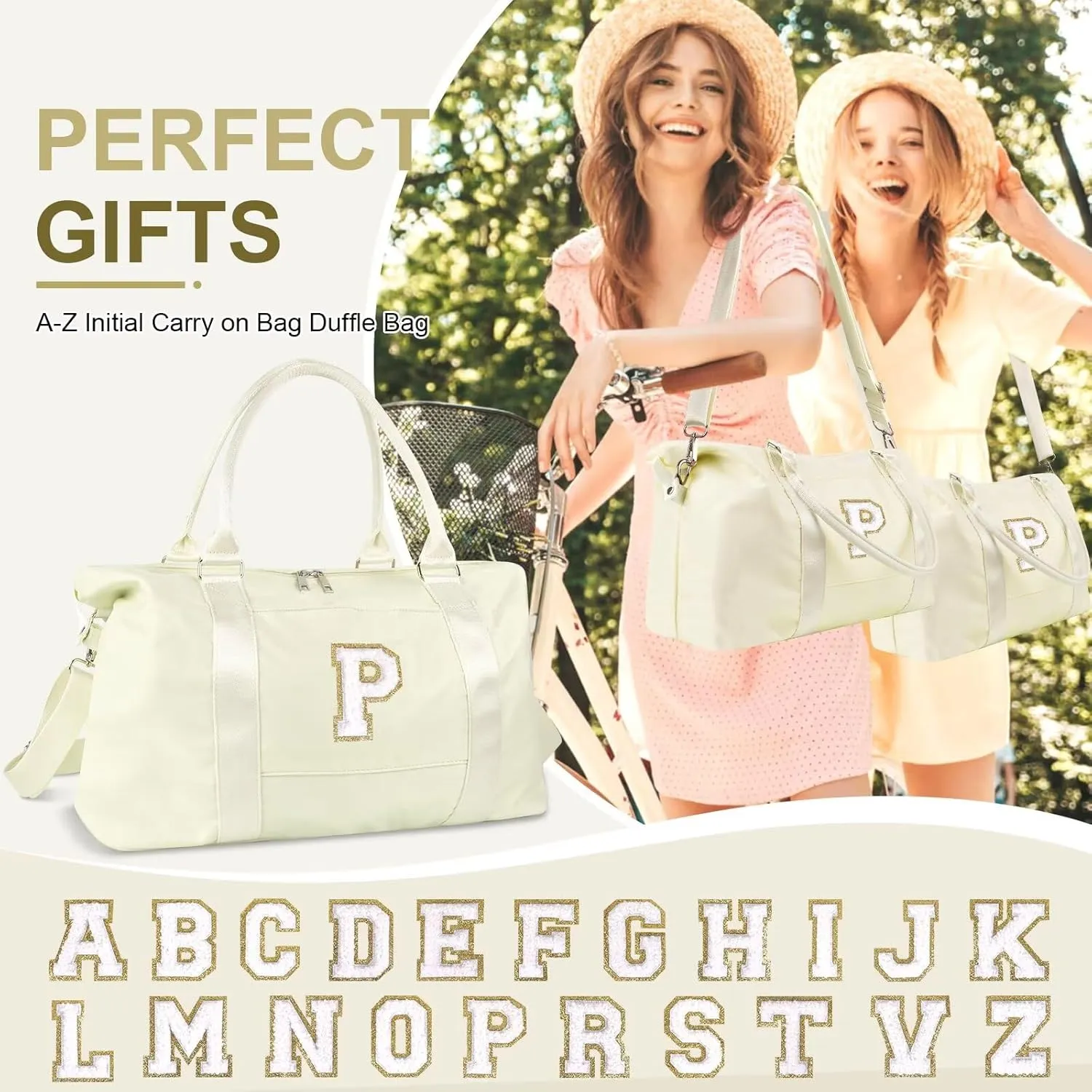 Birthday Gifts for Daughter,Initial Travel Duffel Bag for Teen Girls,Personalized Weekender Bag Cute Overnight Carry on Duffle Bags for Girl Women Gifts with Adjustable Strap(beige-P)