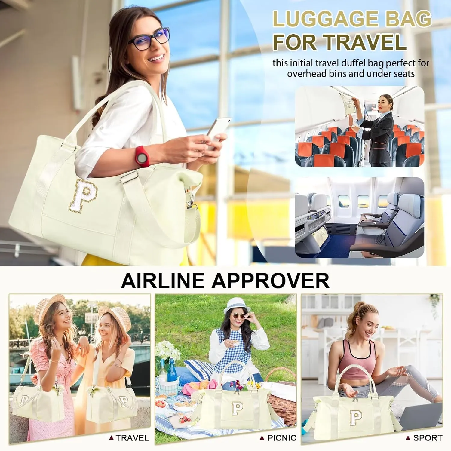Birthday Gifts for Daughter,Initial Travel Duffel Bag for Teen Girls,Personalized Weekender Bag Cute Overnight Carry on Duffle Bags for Girl Women Gifts with Adjustable Strap(beige-P)