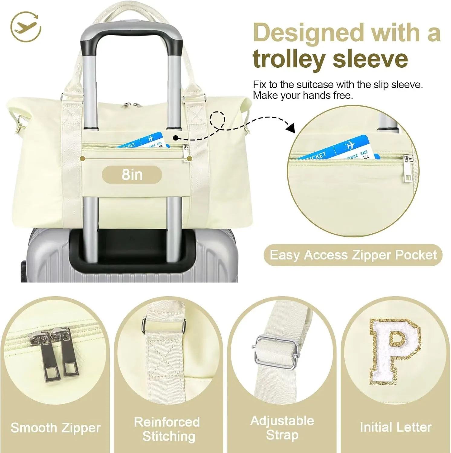 Birthday Gifts for Daughter,Initial Travel Duffel Bag for Teen Girls,Personalized Weekender Bag Cute Overnight Carry on Duffle Bags for Girl Women Gifts with Adjustable Strap(beige-P)