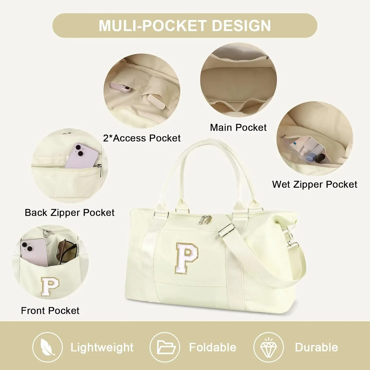 Birthday Gifts for Daughter,Initial Travel Duffel Bag for Teen Girls,Personalized Weekender Bag Cute Overnight Carry on Duffle Bags for Girl Women Gifts with Adjustable Strap(beige-P)