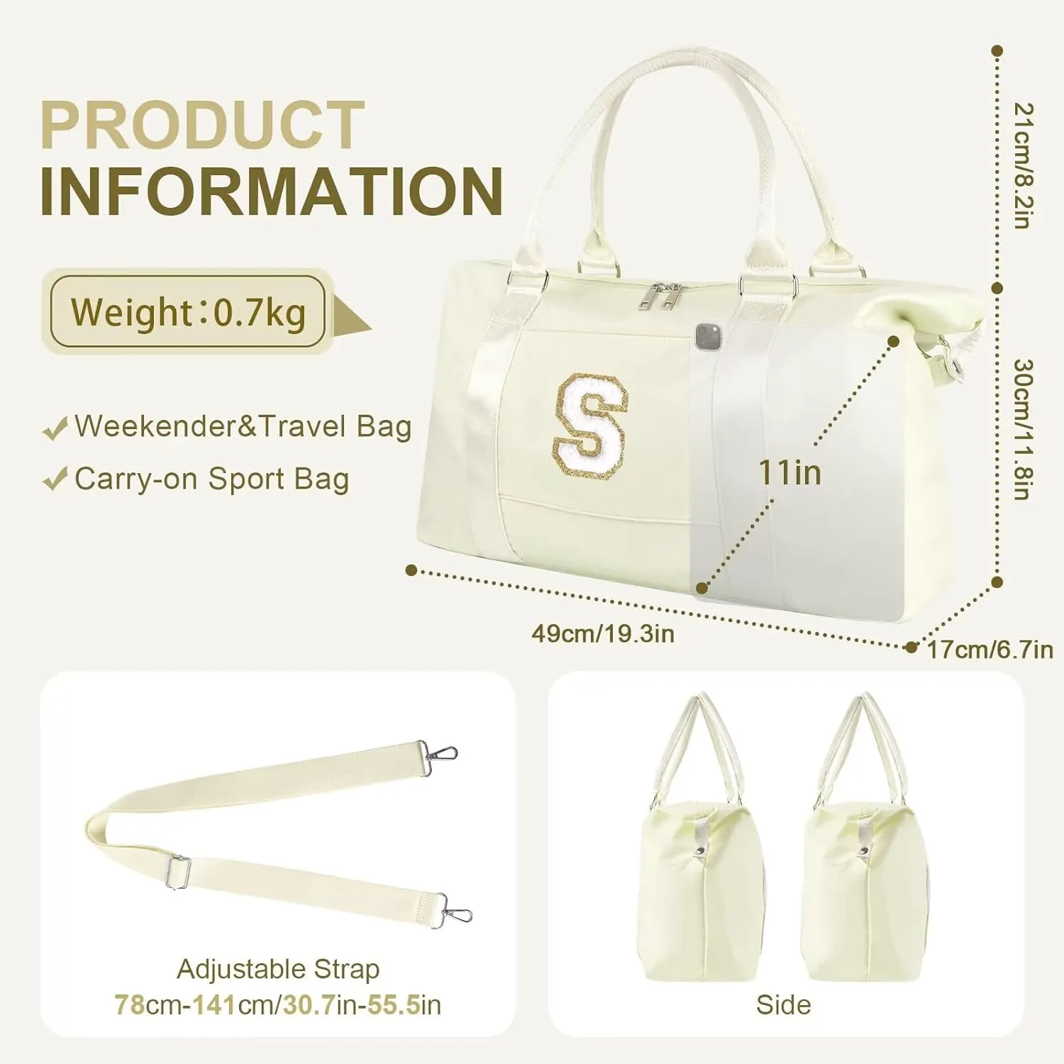 Birthday Gifts for Daughter,Initial Travel Duffel Bag for Teen Girls,Personalized Weekender Bag Cute Overnight Carry on Duffle Bags for Girl Women Gifts with Adjustable Strap(beige-S)