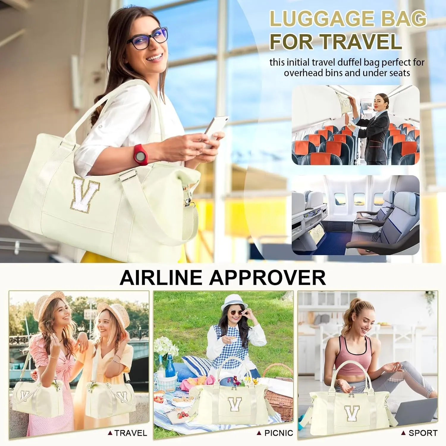 Birthday Gifts for Daughter,Initial Travel Duffel Bag for Teen Girls,Personalized Weekender Bag Cute Overnight Carry on Duffle Bags for Girl Women Gifts with Adjustable Strap(beige-V)