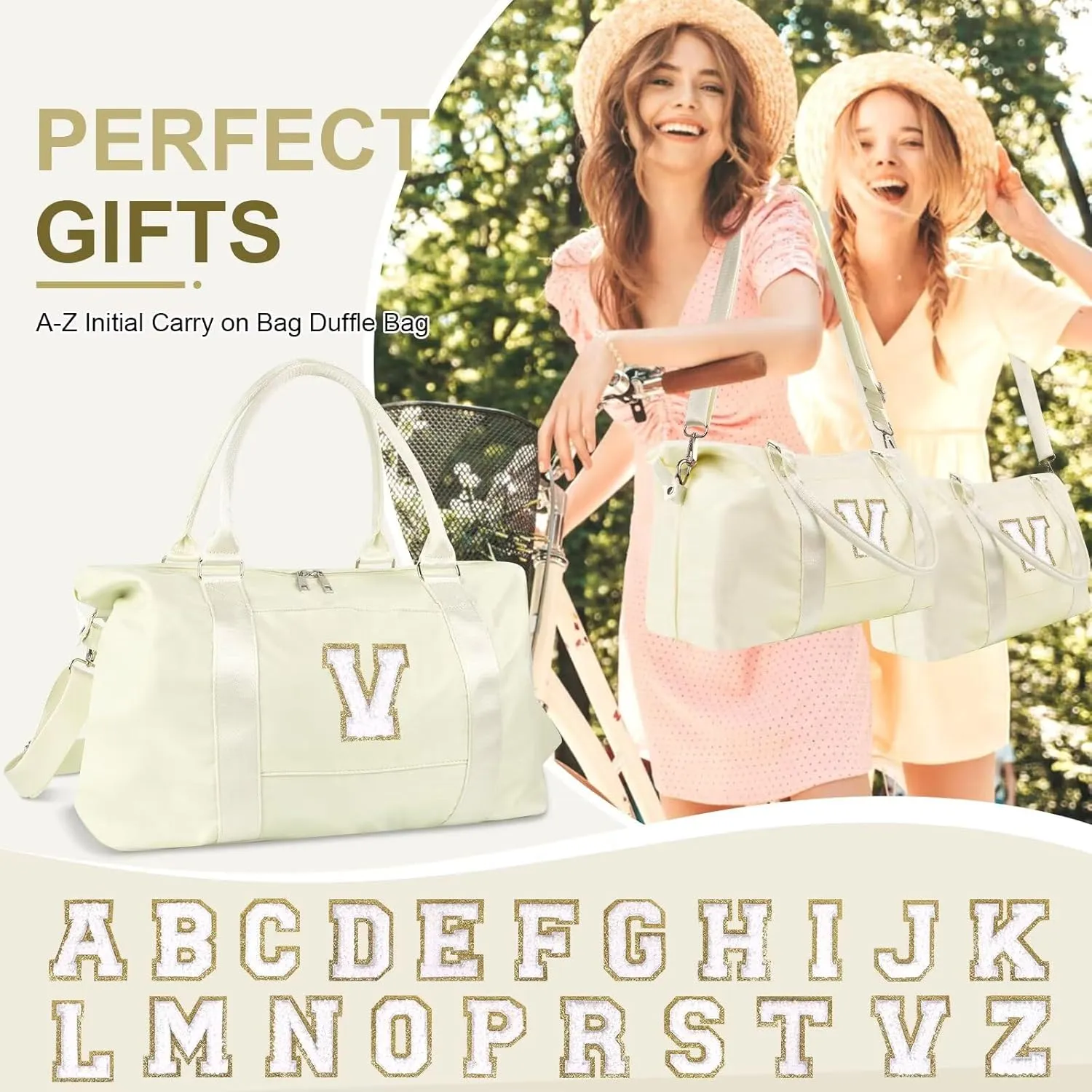 Birthday Gifts for Daughter,Initial Travel Duffel Bag for Teen Girls,Personalized Weekender Bag Cute Overnight Carry on Duffle Bags for Girl Women Gifts with Adjustable Strap(beige-V)
