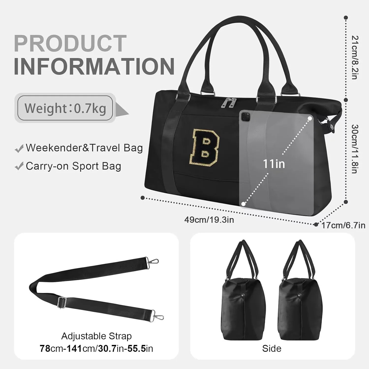 Birthday Gifts for Daughter,Initial Travel Duffel Bag for Teen Girls,Personalized Weekender Bag Cute Overnight Carry on Duffle Bags for Girl Women Gifts with Adjustable Strap(black-B)