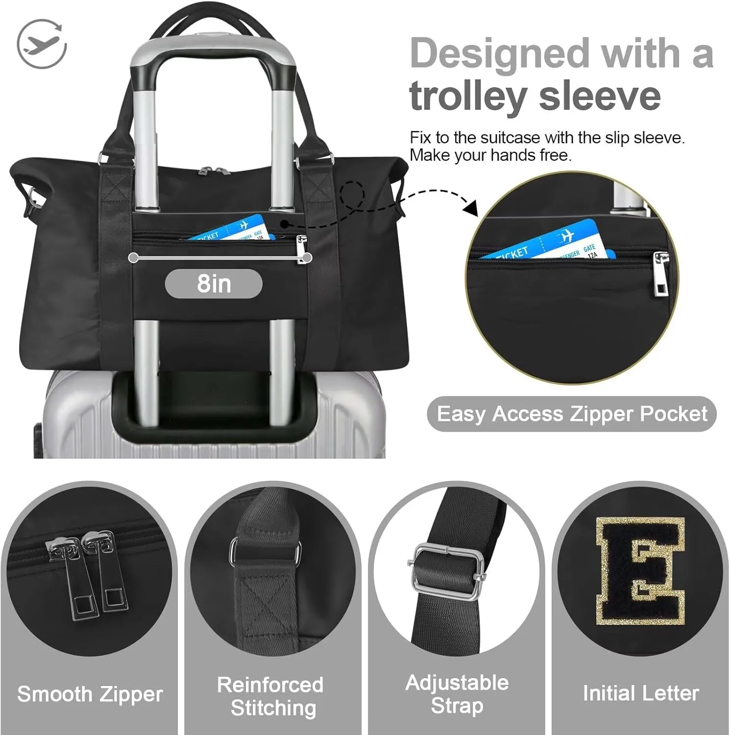 Birthday Gifts for Daughter,Initial Travel Duffel Bag for Teen Girls,Personalized Weekender Bag Cute Overnight Carry on Duffle Bags for Girl Women Gifts with Adjustable Strap(black-E)