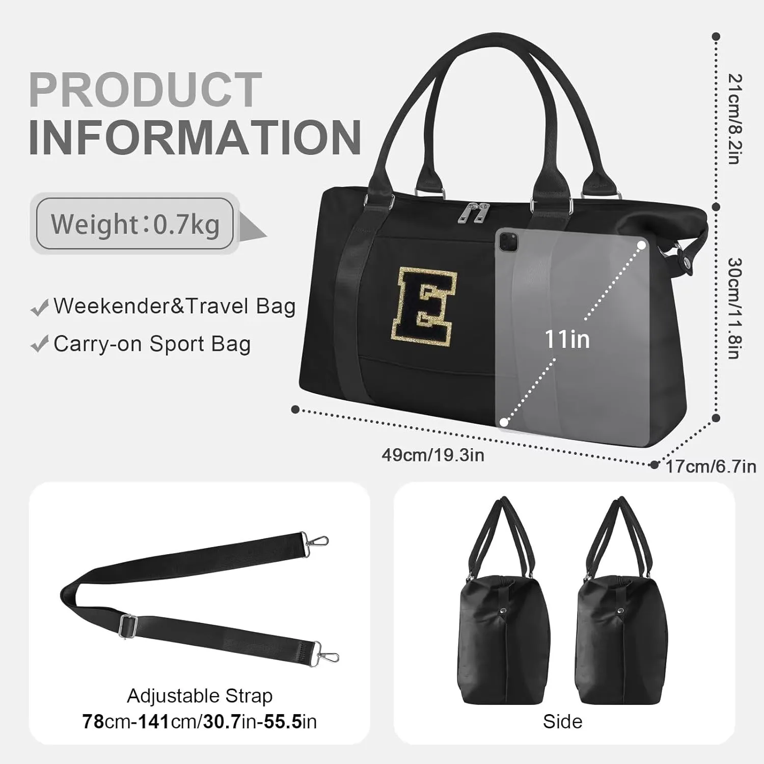 Birthday Gifts for Daughter,Initial Travel Duffel Bag for Teen Girls,Personalized Weekender Bag Cute Overnight Carry on Duffle Bags for Girl Women Gifts with Adjustable Strap(black-E)