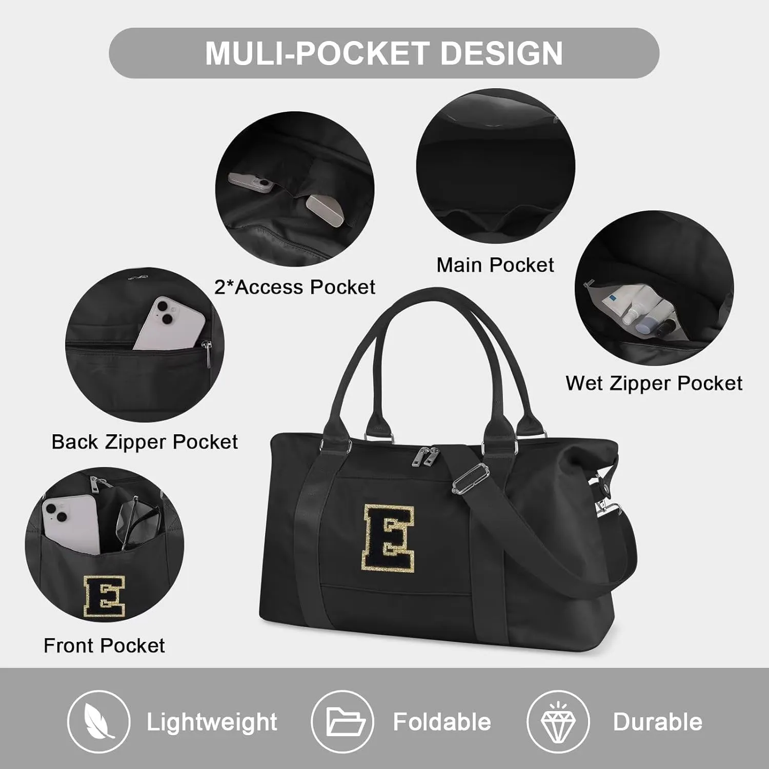 Birthday Gifts for Daughter,Initial Travel Duffel Bag for Teen Girls,Personalized Weekender Bag Cute Overnight Carry on Duffle Bags for Girl Women Gifts with Adjustable Strap(black-E)