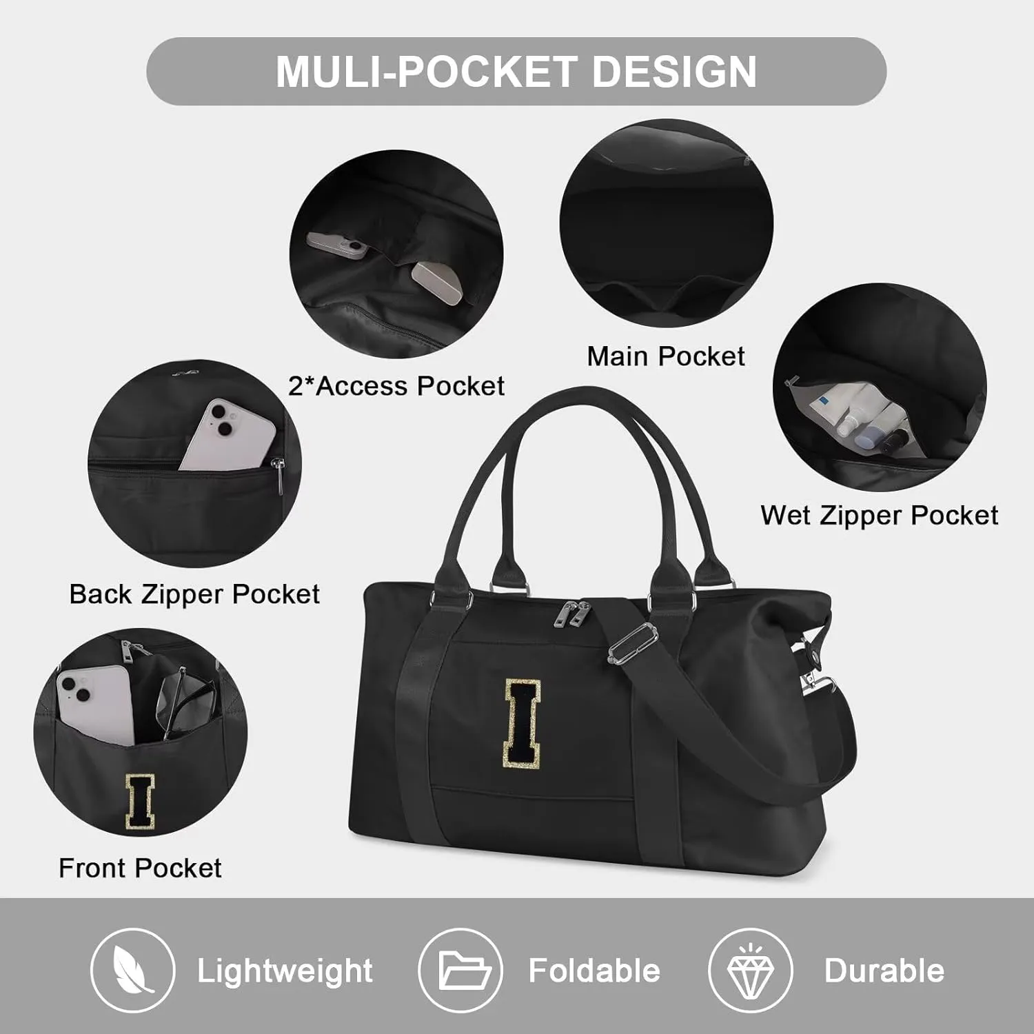 Birthday Gifts for Daughter,Initial Travel Duffel Bag for Teen Girls,Personalized Weekender Bag Cute Overnight Carry on Duffle Bags for Girl Women Gifts with Adjustable Strap(black-I)