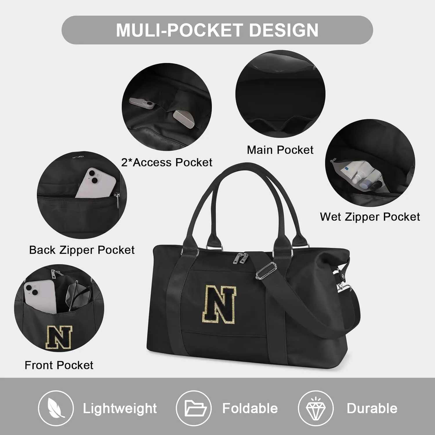 Birthday Gifts for Daughter,Initial Travel Duffel Bag for Teen Girls,Personalized Weekender Bag Cute Overnight Carry on Duffle Bags for Girl Women Gifts with Adjustable Strap(black-N)