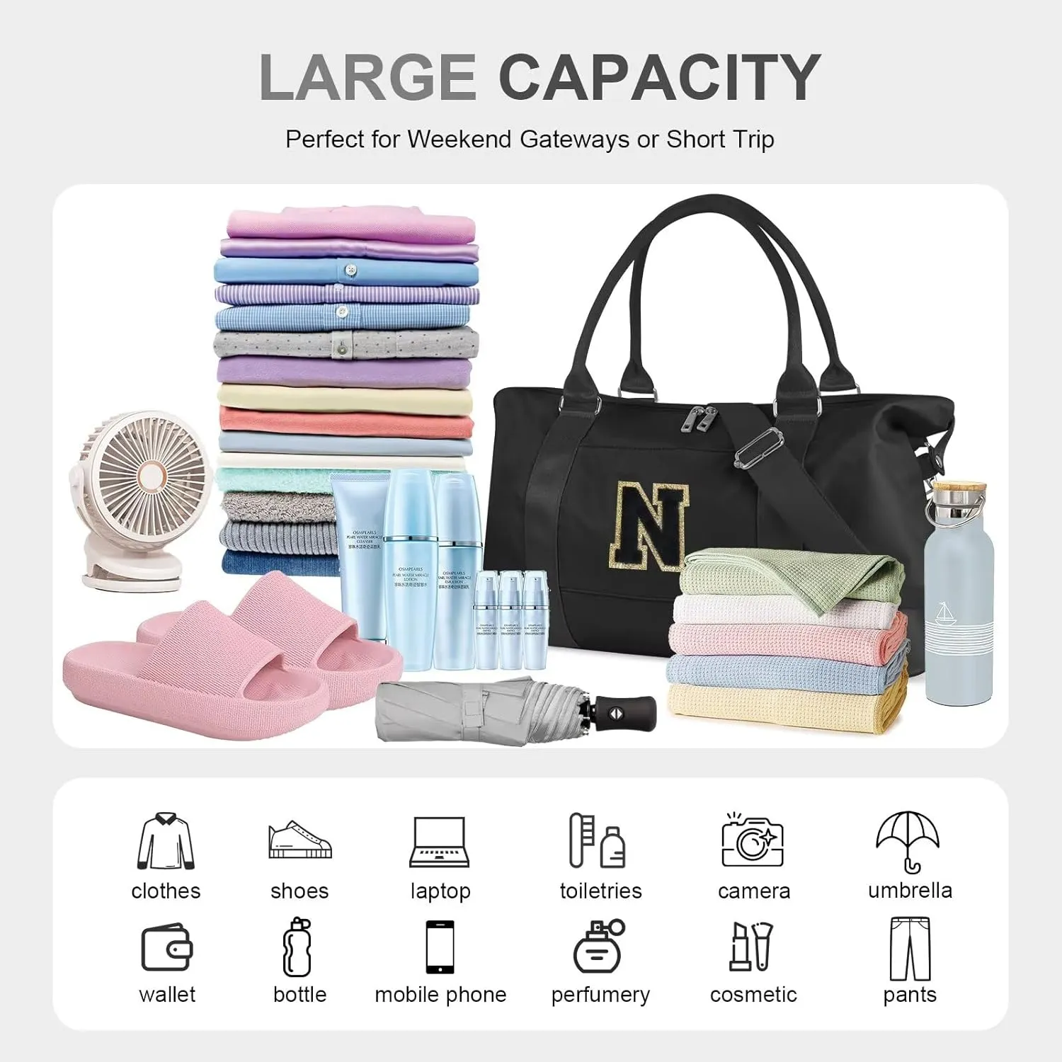 Birthday Gifts for Daughter,Initial Travel Duffel Bag for Teen Girls,Personalized Weekender Bag Cute Overnight Carry on Duffle Bags for Girl Women Gifts with Adjustable Strap(black-N)