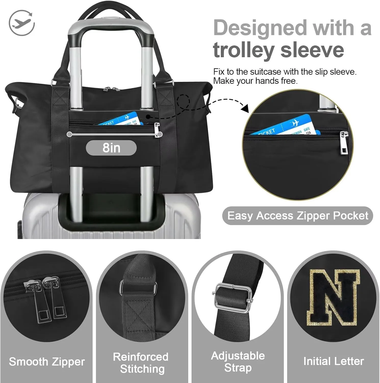 Birthday Gifts for Daughter,Initial Travel Duffel Bag for Teen Girls,Personalized Weekender Bag Cute Overnight Carry on Duffle Bags for Girl Women Gifts with Adjustable Strap(black-N)