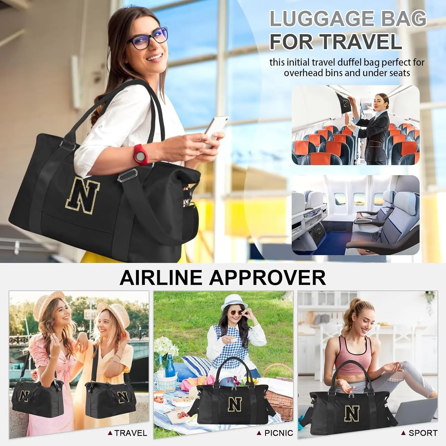 Birthday Gifts for Daughter,Initial Travel Duffel Bag for Teen Girls,Personalized Weekender Bag Cute Overnight Carry on Duffle Bags for Girl Women Gifts with Adjustable Strap(black-N)